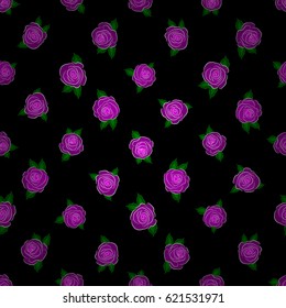 A vintage style watercolor drawing of a branch of magenta roses. Vector open flowers and buds seamless pattern on a black background.