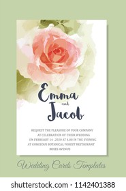 Vintage style Wedding Invitation pink rose watercolor hand drawn. save the date card design.vector template set.invite card design.Greeting wedding invitation.Pink rose watercolour style frame print