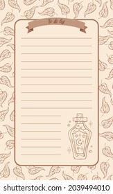 A vintage style weekly or daily diary for Halloween. For note paper, to do list, sticker template design. Vector cute illustration graphic drawing. Autumn leaves, magic potion, witches.