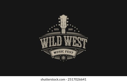 Vintage style Wild West music festival logo with guitar and stars.