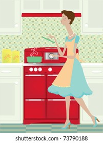 A vintage style woman cooking up a storm in her kitchen.