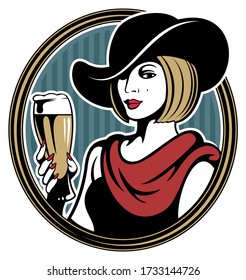 Retrato de mujer de estilo vintage. Mujer de estilo retro en el sombrero, sosteniendo un vaso de cerveza.