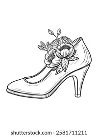 Vintage style vintage women's heel shoe, floral composition, black and white vector illustration, print