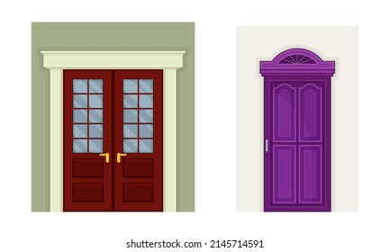 Vintage style wooden doors set. Front doorway exterior vector illustration