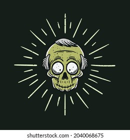 vintage style zombie head illustration on grunge and black background