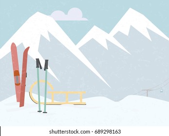 Vintage Styled Alpine Winter Sports Scene Illustration