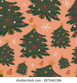 Vintage styled Christmas pattern. Cozy vector christmas tree illustration in Scandinavian hygge style. Can be used as background, wrapping paper, wallpaper, fabric, etc.