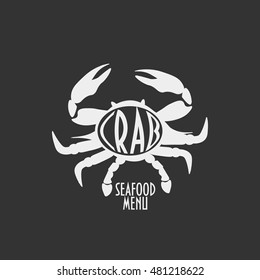 Vintage styled crab silhouette typographic label is great as seafood restaurant menu design element, menu cover template, shop sign, etc. Retro designed crab icon.