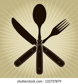 Vintage styled Crossed  knife, fork and spoon / Restaurant Seal