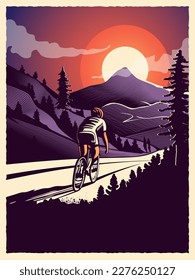 Afiche de ciclismo de estilo vintage con ciclista en acción sobre el fondo de la montaña. Afiche colorido para la competencia o el campeonato, maratón u otro evento de ciclismo. Ilustración del vector