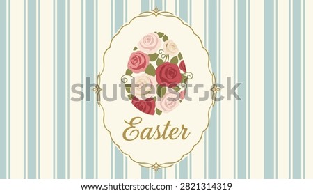 Vintage styled Easter greeting card featuring a decorative egg made of roses inside an elegant oval frame over striped blue wallpaper.