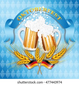 Vintage styled emblem with glasses of beer for Oktoberfest festival. Vector illustration.