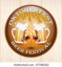 Vintage styled emblem with glasses of beer for Oktoberfest festival on wooden background. Vector illustration.