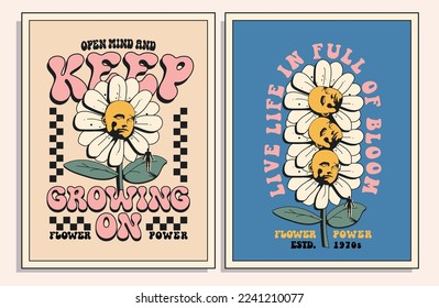 Vintage styled groove hippie poster or card or t-shirt graphic print with psychedelic flower with human face and inspirational slogans in retro colors. Vector illustration