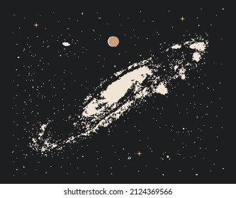 Vintage styled illustration of the Universe spiral galaxy on black starry background. Vector illustration