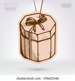 Vintage styled label. Present surprise box. Sale banner hanging on the rope. Eps 10 vector illustration