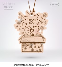 Vintage styled label. Present surprise box. Sale banner hanging on the rope. Eps 10 vector illustration