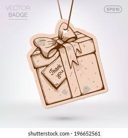 Vintage styled label. Present surprise box. Sale banner hanging on the rope. Eps 10 vector illustration