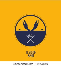 Vintage styled label with two crab claws and two crab forks could be used as seafood shop sign, restaurant logo, seafood pub menu design element