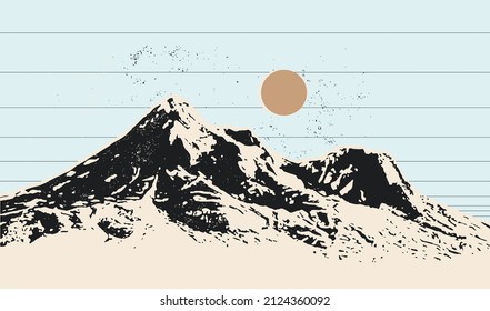 Fondo de montaña de estilo vintage o plantilla de diseño de afiches o tarjetas con siluetas de pico de montaña. Ilustración del vector