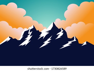 Vintage styled mountains banner design with mountains. Mountains sunset silhouette. Vector illustration. Travel, climber, camping, ski resort template. Vector silhouette.