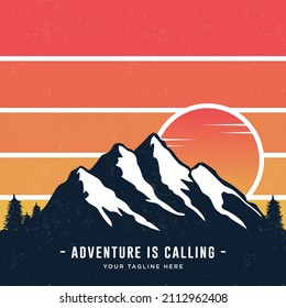 Vintage styled mountains banner design with Adventure is calling caption. Mountains sunset silhouette. Vector illustration.