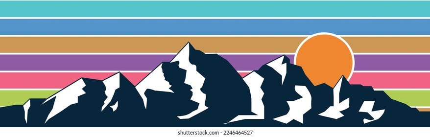 Vintage styled mountains banner design. Mountains sunset silhouette. Vector illustration.