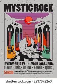 Vintage styled mystic rock music poster or flyer design template with retro psychedelic composition of skull and electric guitars and sunset for rock and roll show or live concert or performance