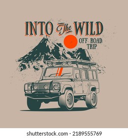 Vintage styled off road 4x4 expedition or trip illustration with retro SUV car with mountains landscape on background for t-shirt print or poster design. Vector illustration