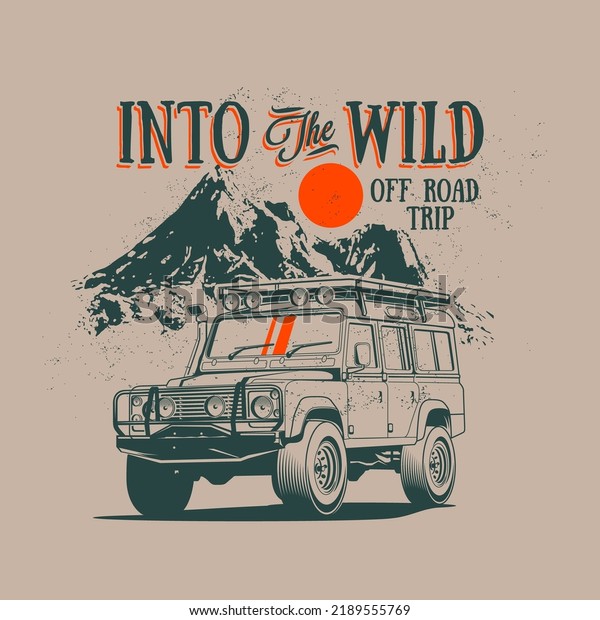 Vintage styled off\
road 4x4 expedition or trip illustration with retro SUV car with\
mountains landscape on background for t-shirt print or poster\
design. Vector\
illustration