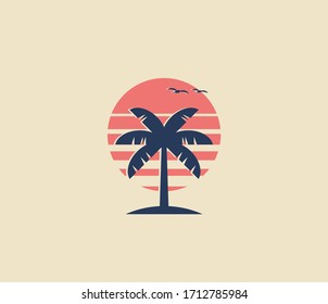 Vintage styled palm tree logo or icon design with palm silhouette and red sun on background. Minimalistic vector illustration