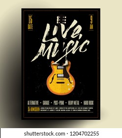 Vintage Styled Retro Live Rock Music Party or Event Poster, Flyer, Banner. Vector Template with guitar and hand drawn Live Music Sign. Vector Illustration.