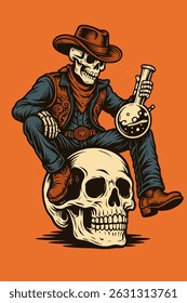 Vintage styled skeleton cowboy sits atop a skull holding a bong against an orange background This could be used for artistic designs.