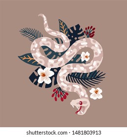 Vintage styled snake character decorated with tropical leaves and flowers on brown background. Trendy vector illustration for prints, posters etc