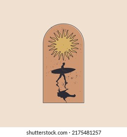 Vintage styled summer time badge with walking surfer holding surfboard under the sun. Vector illustration