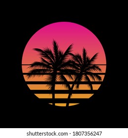 Vintage Styled Sunset With Palm Trees Silhouettes Logo Or Icon Design Template On Black Background. Vaporwave Sun. Vector Illustration