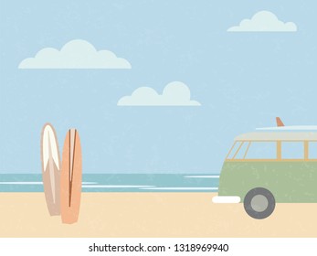 Vintage styled surfing scene illustration. Beach with surfboards and surfer van.