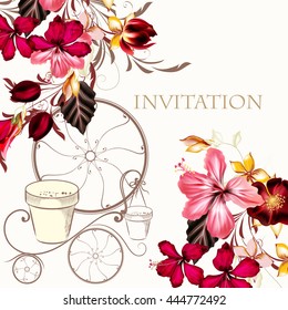 Vintage styled vector background with hibiscus flowers wedding invitation or save the date card