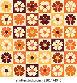 Vintage stylised flowers, placement by grid. Cheerful floral surface design print in old school 60s, 70sColorful retro background. Geometric abstract seamless pattern .