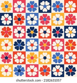 Vintage stylised flowers, placement by grid. Cheerful floral surface design print in old school 60s, 70sColorful retro background. Geometric abstract seamless pattern .