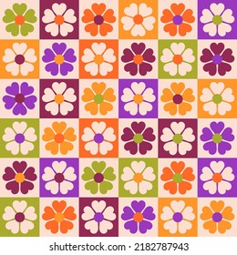 Vintage stylised flowers, placement by grid. Cheerful floral surface design print in old school 60s, 70sColorful retro background. Geometric abstract seamless pattern .