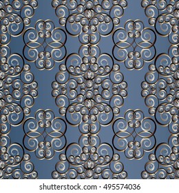 Vintage stylish blue vector seamless pattern background wallpaper illustration with 3d swirls floral abstract ornaments and flowers.
