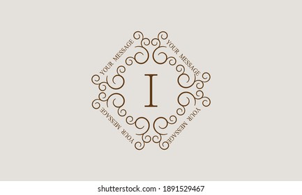 Vintage stylish decorative monogram with possible inscription and letter I. Exclusive brown logo on a light background for cafe, business symbol, restaurant, hotel, invitations, menu, labels, fashion