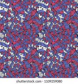 Vintage. Stylish fabric pattern. Seamless Doodles blue, black, pink, white and gray on colors. Vector.