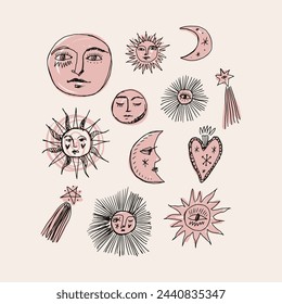 Vintage stylish freaky cool funny doodle stellar characters. Hand-drawn set of crescent moon, sun, comets, sacred heart. Antique poster abstraction collection art