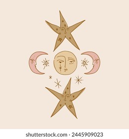 Vintage stylish freaky cool funny doodle stellar characters. Hand-drawn set of crescent moon, sun, comets, sacred heart. Antique poster abstraction collection art