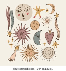 Vintage stylish freaky cool funny doodle stellar characters. Hand-drawn set of crescent moon, sun, comets, sacred heart. Antique poster abstraction collection art