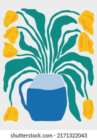 Vintage stylish illustration in boho style with flowers in a pot, plants, leaves. Abstract vertical poster.