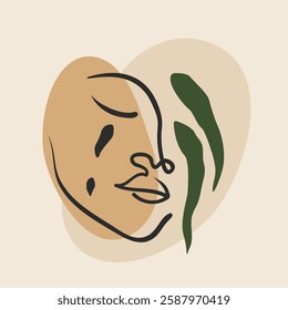 Vintage stylish illustration in boho style with simple face. Crying female face, self-care concept