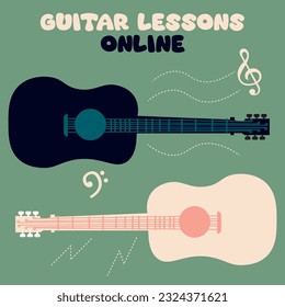 Vintage stylized banner with acoustic guitar silhouettes. Online guitar lessons vector illustration